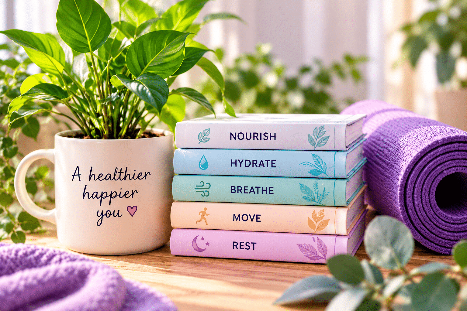 Self-care books representing nourish, hydrate, breathe, move and rest